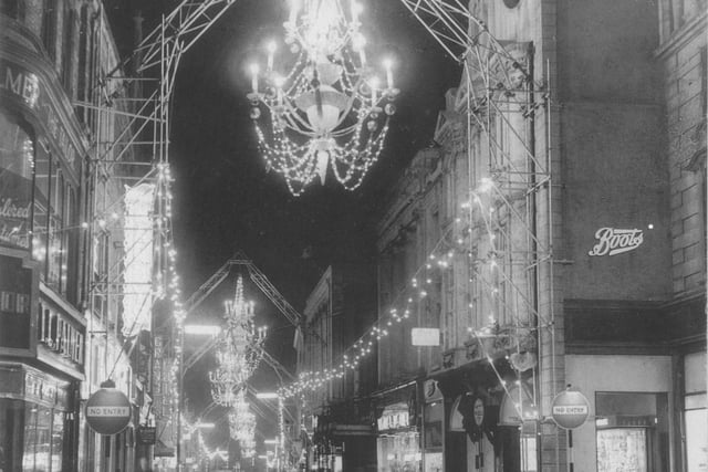 A view of Gold Street in 1961 - the day after Northampton’s Christmas lights were turned on. 
About 2,000 people had packed into Gold Street to see actress Jacqueline Jones switch on the six chandeliers, which contacted more than 1,200 lights.