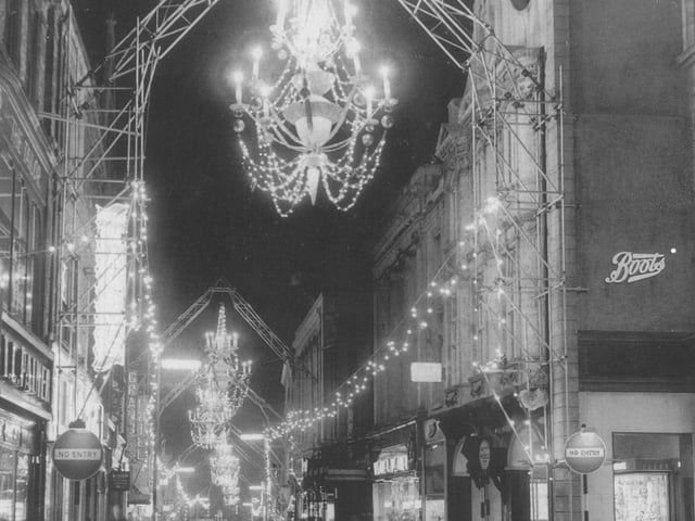 A view of Gold Street in 1961 - the day after Northampton’s Christmas lights were turned on.
About 2,000 people had packed into Gold Street to see actress Jacqueline Jones switch on the six chandeliers, which contacted more than 1,200 lights.