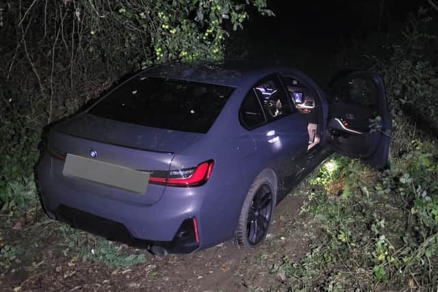 The BMW was found at the bottom of Butcher's Lane in Boughton. Photo: Twitter/Northants Roads Policing Team.