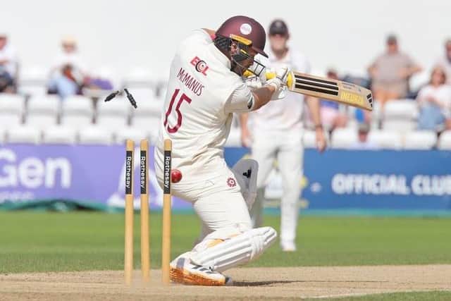Lewis McManus is bowled by Durham's Ben Stokes (Picture: Peter Short)