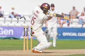 Lewis McManus is bowled by Durham's Ben Stokes (Picture: Peter Short)