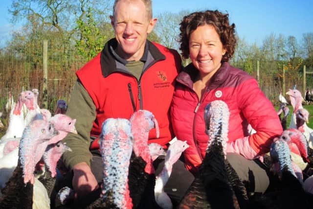 Tom Jeffries and wife Rachel of Newbold turkeys in Staverton.