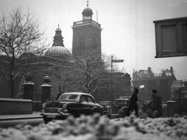 Snow outside All Saints Church, Northampton - January 12, 1960