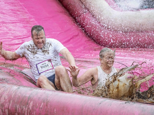 All smiles as participants tackled obstacles during Race for Life's Pretty Muddy on Saturday July 13, 2024 in Abington Park.