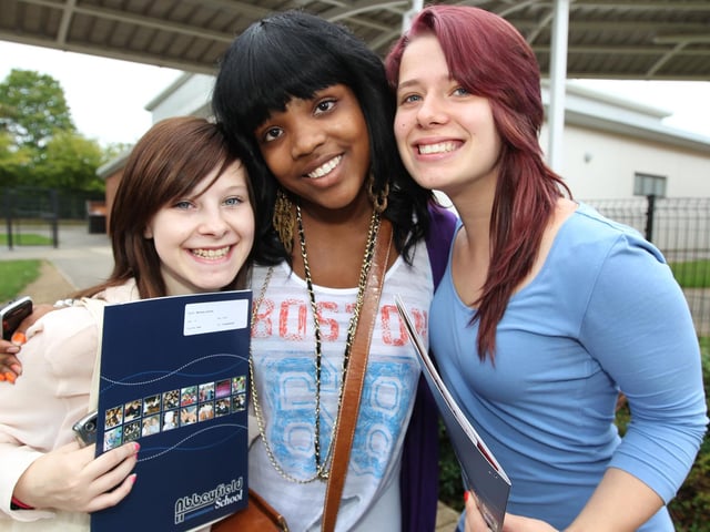 2011 - GCSE results at Abbeyfield School, Mereway, Northampton. L-R Paige Redding, Sophie Coleman and Molly Chamberlain.
