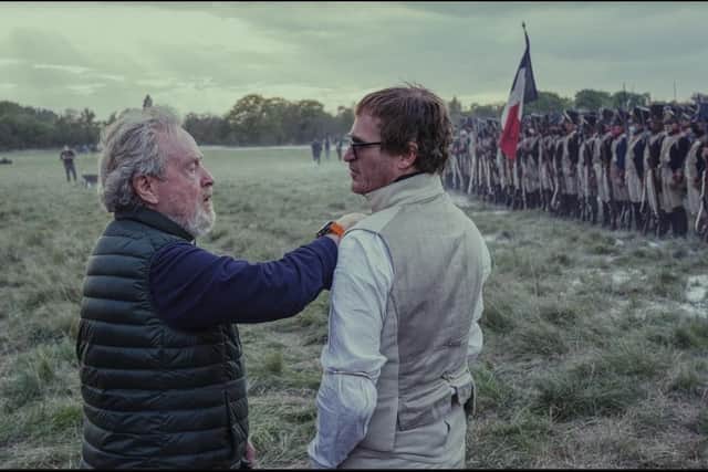 Columbia Pictures and Apple Original Films present, a Scott Free production, a Ridley Scott film, Napoleon. 
The Sir Ridley Scott and Joaquin Phoenix during filming/Sony Pictures