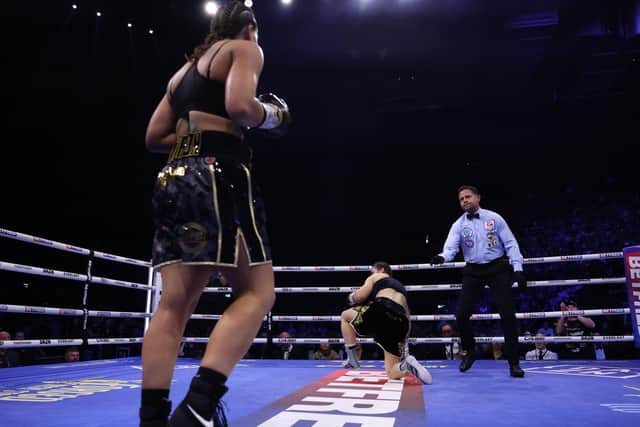 Katie Taylor was sent to the deck in the first round against Chantelle Cameron, but the referee deemed it a slip (Picture: Mark Robinson / Matchroom Boxing)