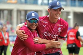 Ricardo Vasconcelos (left) and James Sales celebrate the Steelbacks' semi-final win over Somerset (Picture: Peter Short)