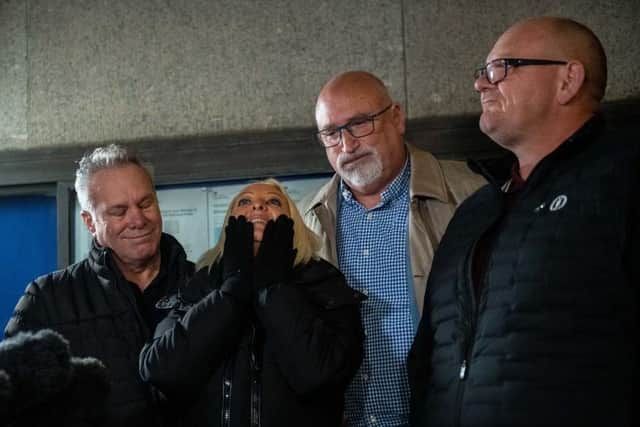 Harry Dunn's stepfather Bruce Charles, mum Charlotte Charles, family spokesman Radd Seiger and father Tim Dunn speak to media after the sentencing of Anne Sacoolas at the Old Bailey