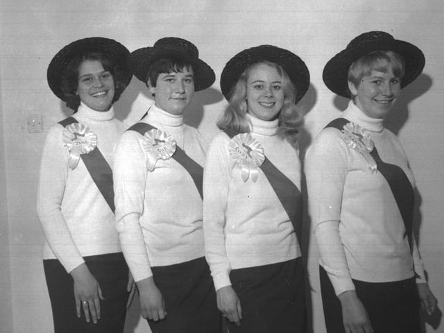 Looking Back
old glass negs
Four girls wearing straw hat and rosetes, from left Jane, Sue, Suzy and Carol
1967