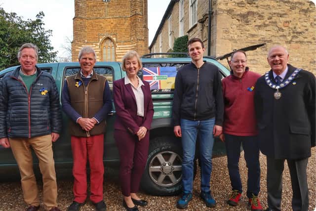 From left to right -  Charles Manners, Paul Parson, Dame Andrea Leadsom MP, Oleh Naida, Steve Challen, Towcester Mayor Martin Johns