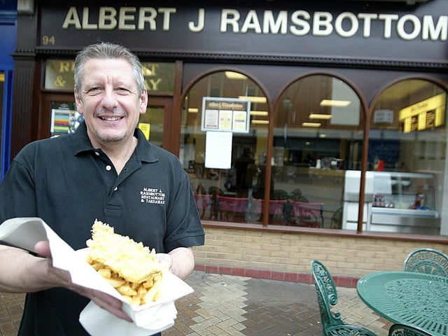2007 - Albert J Ramsbottom fish and chip shop on Abington Street, celebrating their 25th anniversary. Grahame Cook, owner, outside the shop with fish and chips.