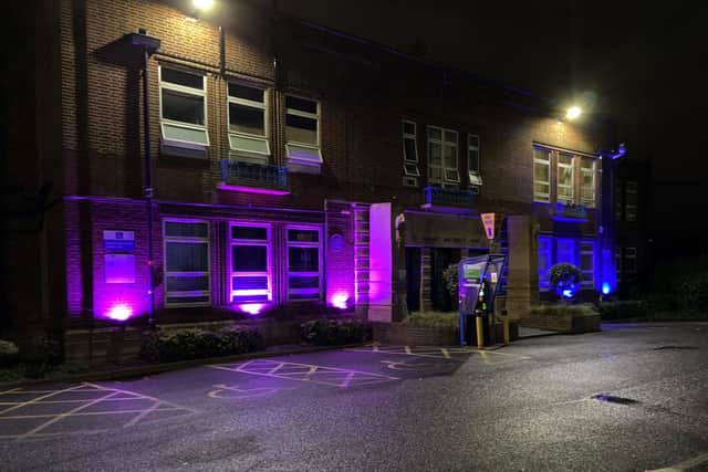 The Barratt Birth Centre at Northampton General Hospital has been lit up in blue and pink this week for Baby Loss Awareness Week (October 9 to 15). Photo: Northamptonshire Health Charity.