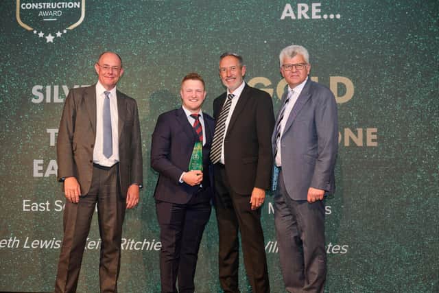Left to right: Dean Finch, CEO Persimmon, Will Yates, Andy Fuller, Adrian Chiles (host)