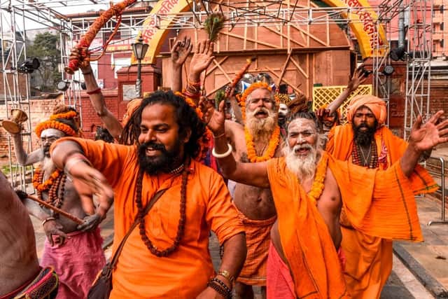 Hindu holy men take part in a religious procession ahead of Maha Shivaratri in Kathmandu in February 2020 (Photo: PRAKASH MATHEMA/AFP via Getty Images)