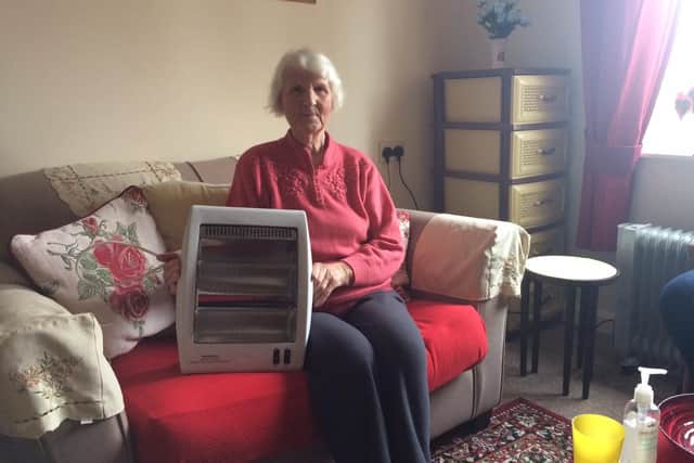 Marianne Sharp, 88, with the electric heater that warmed her flat all winter.