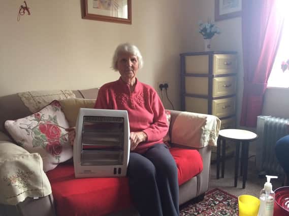 Marianne Sharp, 88, with the electric heater that warmed her flat all winter.