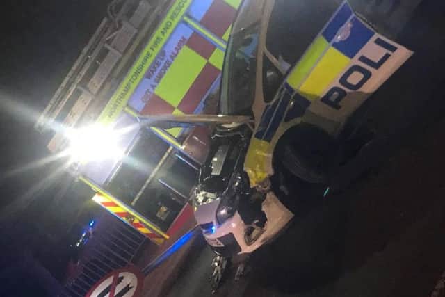 The police car involved in the collision was heavily damaged.