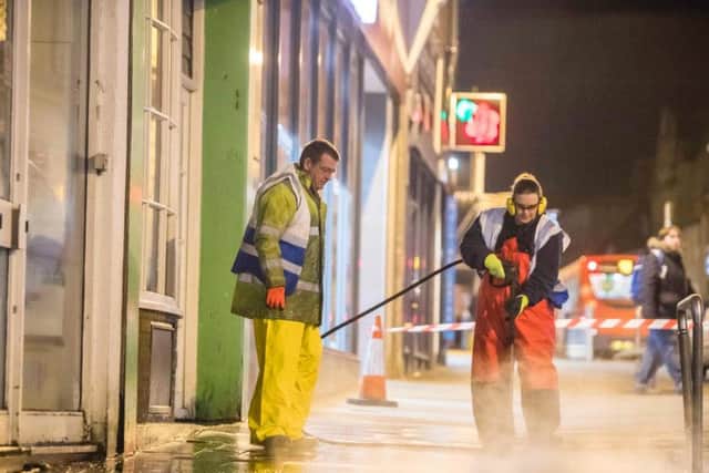 The overnight intensive clean-up includes pressure washing pavements, surfaces, as well as chewing gum removal.