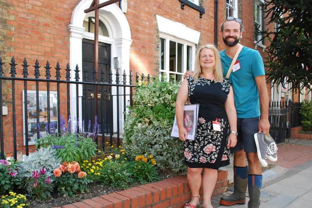 In Bloom judges visit Northampton, 2018. Shoe planters Kardi Somerfield and Rocky Coles.