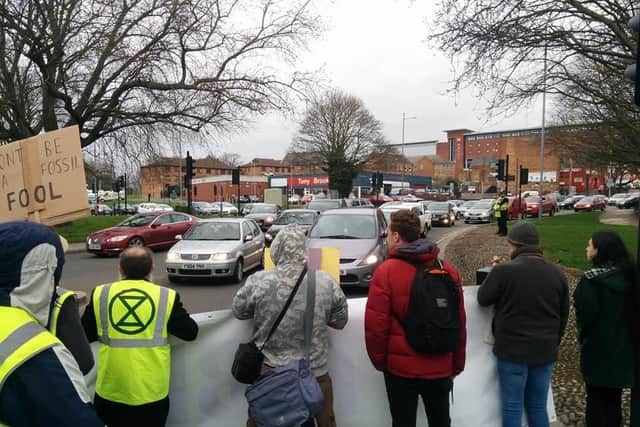 Extinction Rebellion block traffic trying to enter St Peter's Way on Saturday.