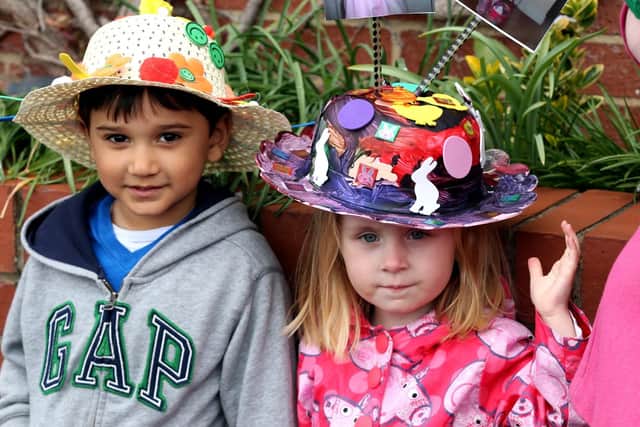Nursery children at Caring Kindergartens in Moulton Park in their hand-made Easter bonnets in April 2012