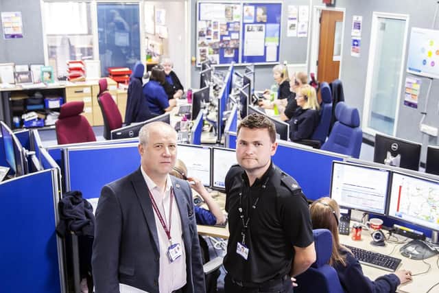 Pictured Police Fire and Crime Commissioner Stephen Mold and Superintendent Ash Tuckley who heads the control room. Pictures: Kirsty Edmonds.