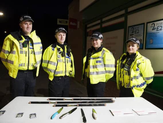 L-R: PC Tom Hill, PC Lewis Dickins, PC Emily Cadman and PC Sophie Duffrey hosted the amnesty on Friday evening in Thorplands following the shooting.