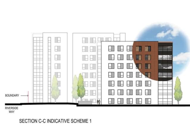 An artists impression showing the indicative scheme for the surplus land development at the rear of Riverside House to build up to 400 nursing or student bedrooms.