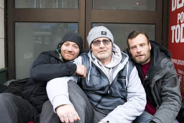 L-R: Kieron Hollingworth, Stan Robertson and Terry Doherty pictured in Abington Street. Stan delivers breakfast to Kieron and Terry every morning at 6.30am.