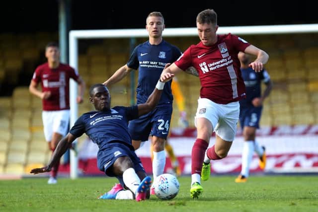 Chris Long drives forward during the last meeting between Northampton and Southend - a 2-2 draw at Roots Hall in September. Pictures: Sharon Lucey