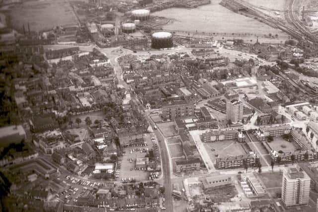 View of St Peters Way roundabout, in 1965, with the gas works at the top of the picture. Credit: Northampton Welcome to the Past