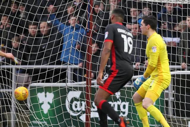 BACK OF THE NET - Lee Nicholls can only look on as Chris Long's shot finds the bottom corner