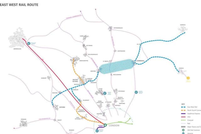 The "North-South connectivity line", shown here in yellow, could link Northampton to the upcoming Old Oak Station in London.