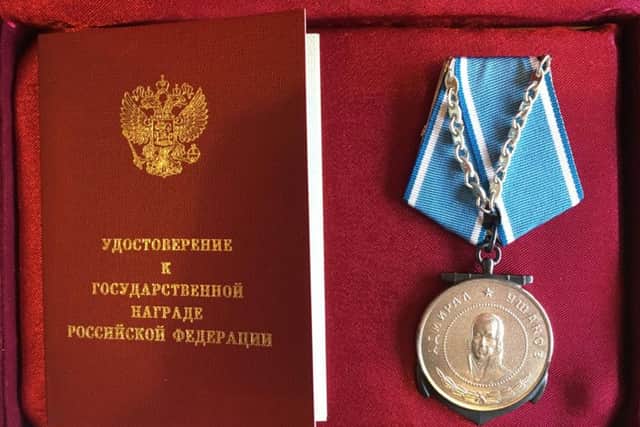 The medal was hand delivered by a member of the Russian embassy