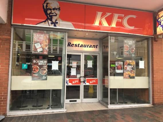 Signs in KFC, Abington Street says: 'Due to delivery problems this store will be closed until further notice. We apologise for any inconvenience caused. Regards, KFC team.