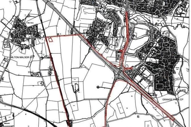 Boundaries of the proposed Northampton Gateway site (in red), with Collingtree to the northeast.