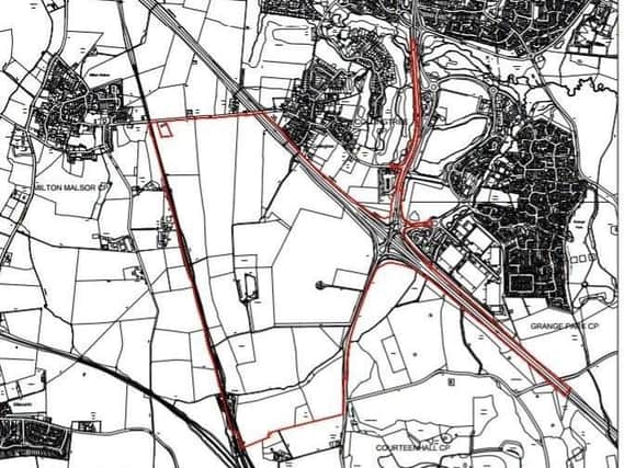 Boundaries of the proposed Northampton Gateway site (in red), with Collingtree to the northeast.