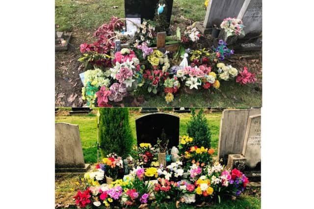 Kathleen's mother's grave as she found it. Below, the grave on a recent visit, when the two conifers were still planted.