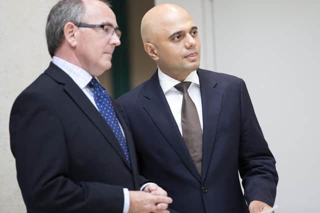 Communities Secretary Sajid Javid, speaking to the former chief executive of Northamptonshire County Council Paul Blantern last year.