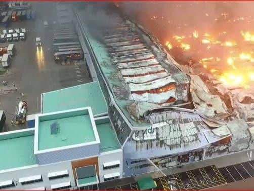 Drone camera footage released yesterday shows the extent of the damage at the Daventry warehouse.