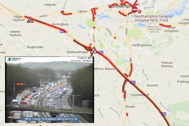 Traffic map correct as of 17:46. Taken from http://www.theaa.com/traffic-news/northampton%20uk/.