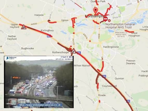 Traffic map correct as of 17:46. Taken from http://www.theaa.com/traffic-news/northampton%20uk/.