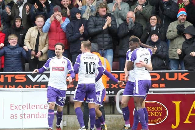 The Rotherham players celebrate Michael Smith's opening goal at Sixfields (Pictures: Sharon  Lucey)