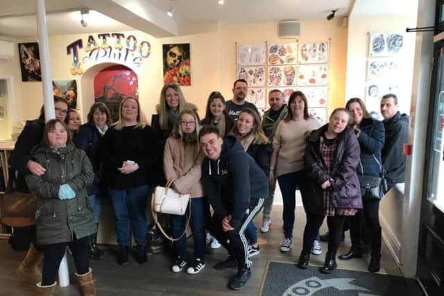 Down Syndrome Group Northamptonshire pictured on Saturday before getting their tattoos in Bridge Street.