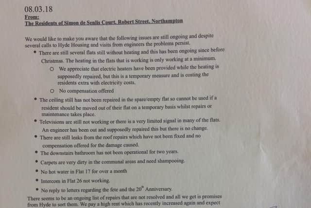 The letter to Hyde lists the ongoing problems at Simon De Senlis that residents want fixed.
