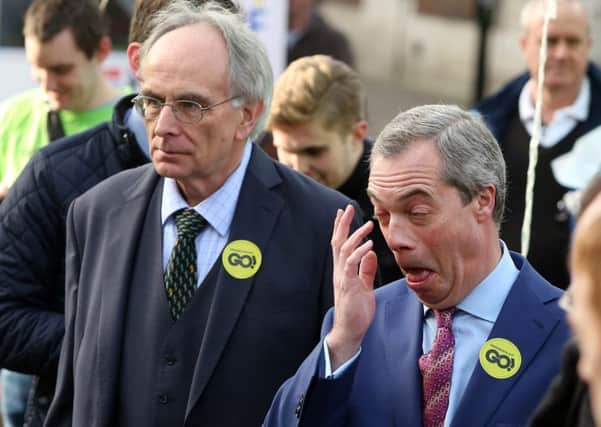 Peter Bone and Nigel Farage during a walkabout in Wellingborough to publicise Grassroots Out in January 2016