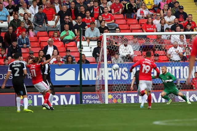 Former Cobbler Ricky Holmes slams home Charlton's second in August's clash at The Valley