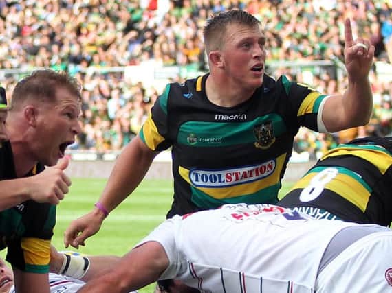 Alex Waller celebrated a Dylan Hartley score against Leicester at Franklin's Gardens back in September and the prop is now looking forward to facing the Tigers at Welford Road tomorrow (picture: Sharon Lucey)