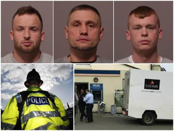 Left to right: Charlie Smith, Alfred Adams and John Doran. Bottom right: the scene after a Weedon supermarket ATM was targeted by the thieves